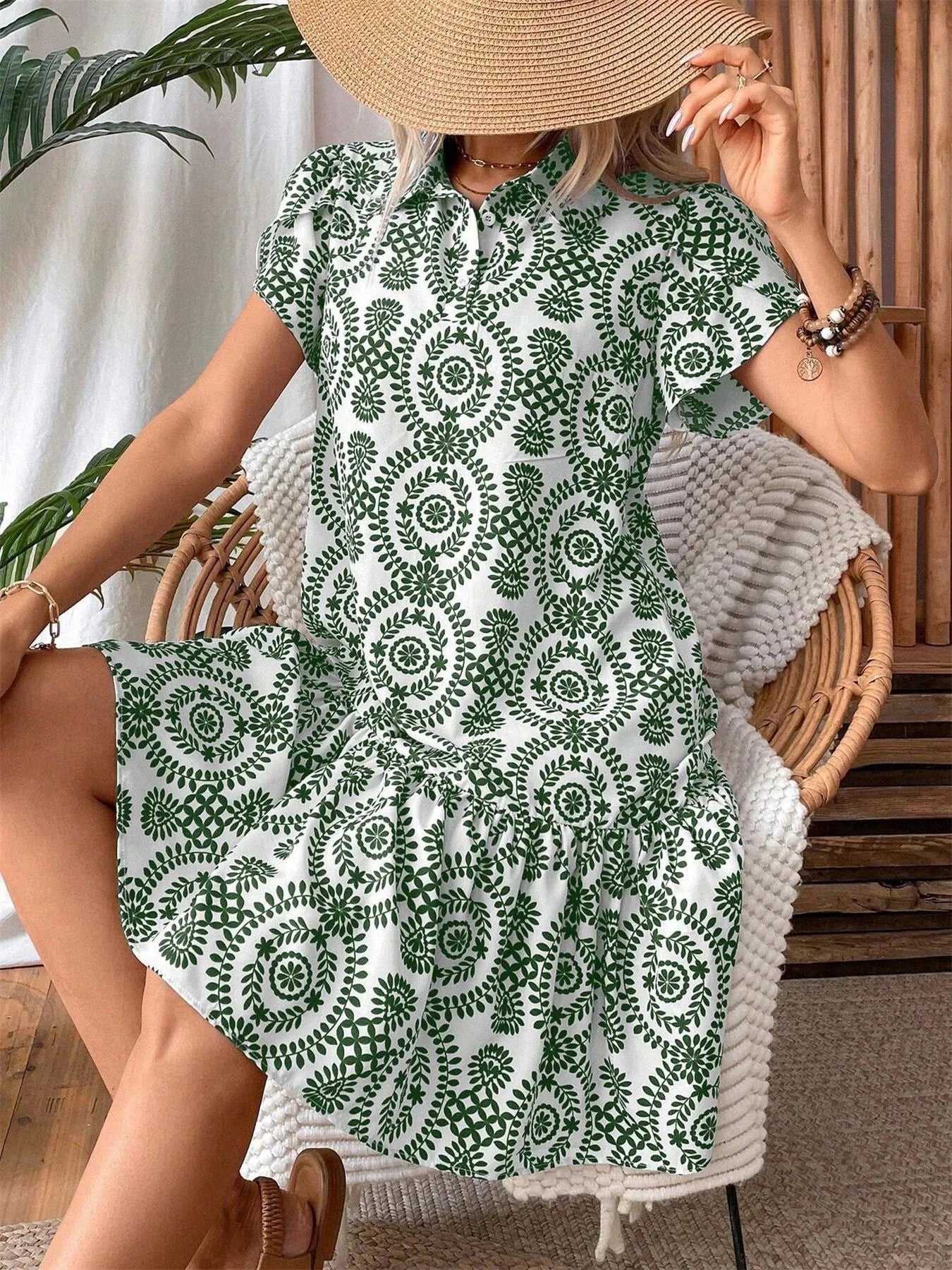 Printed Short Sleeve Mini Dress - Velora Luxury Fashion