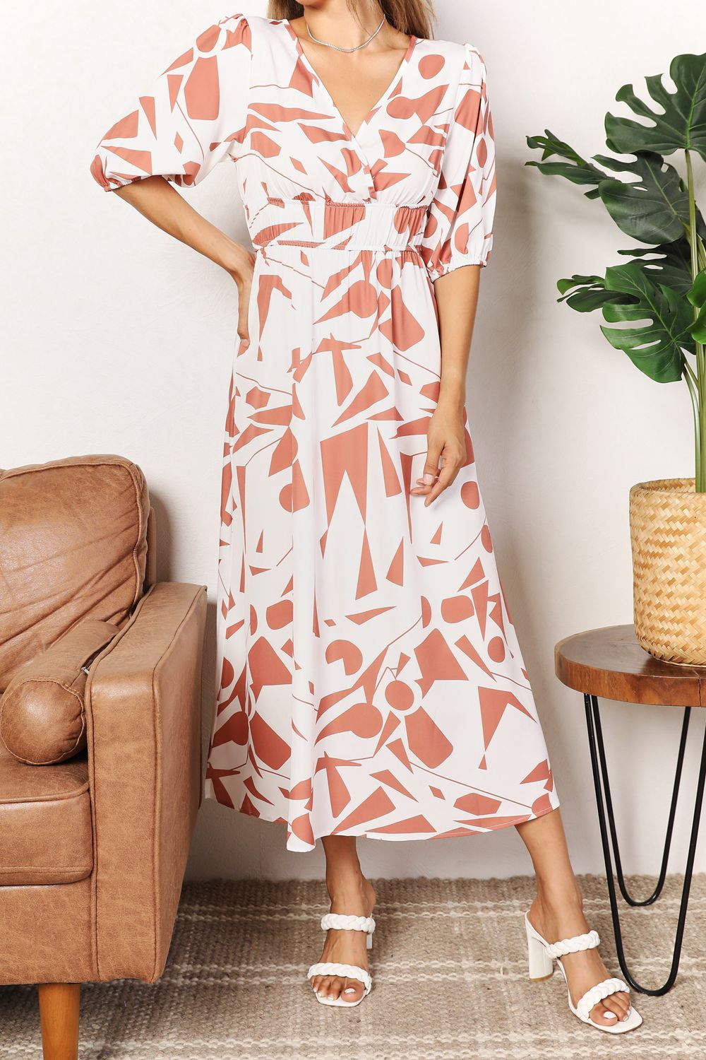 Printed Surplice Balloon Sleeve Dress - Velora Luxury Fashion