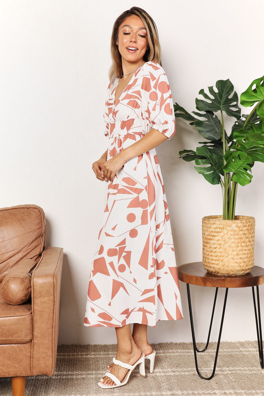 Printed Surplice Balloon Sleeve Dress - Velora Luxury Fashion