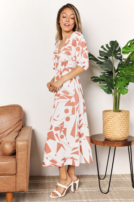 Printed Surplice Balloon Sleeve Dress - Velora Luxury Fashion