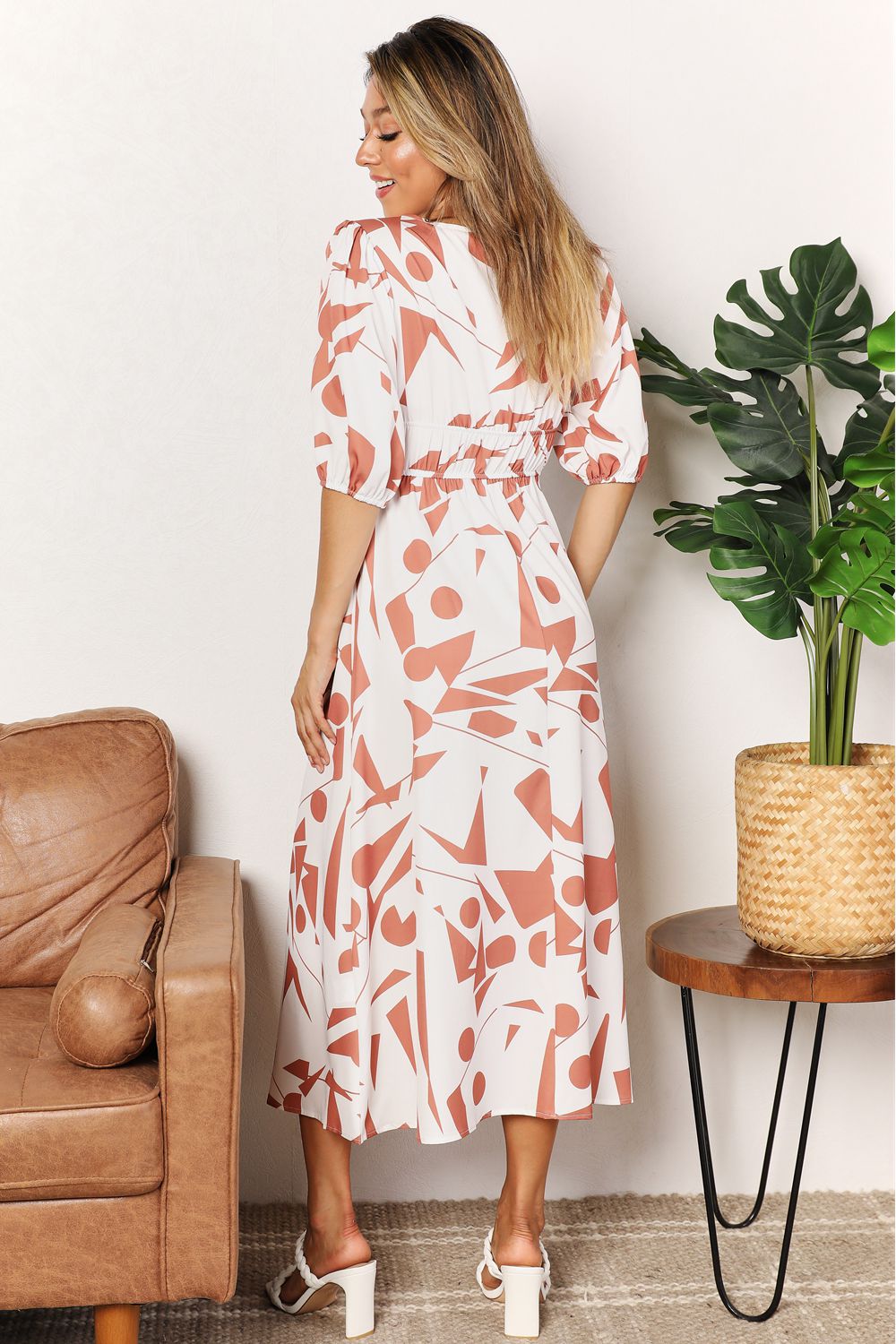 Printed Surplice Balloon Sleeve Dress - Velora Luxury Fashion