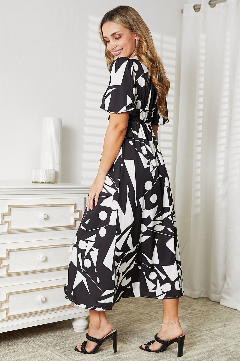 Printed Surplice Balloon Sleeve Dress - Velora Luxury Fashion