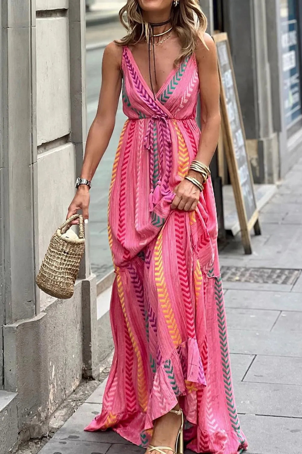 Printed Surplice Maxi Cami Dress - Velora Luxury Fashion