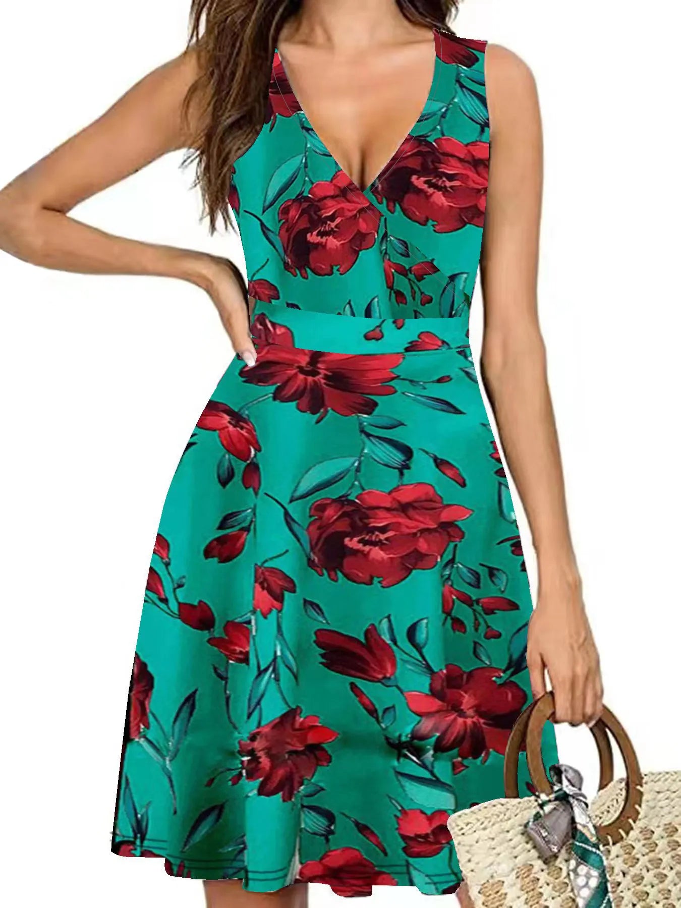 Printed Surplice Sleeveless Dress - Velora Luxury Fashion