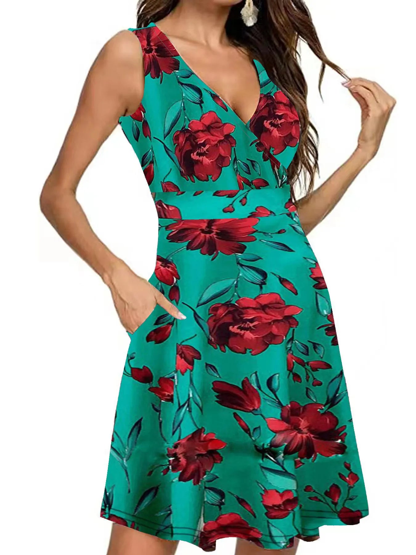 Printed Surplice Sleeveless Dress - Velora Luxury Fashion