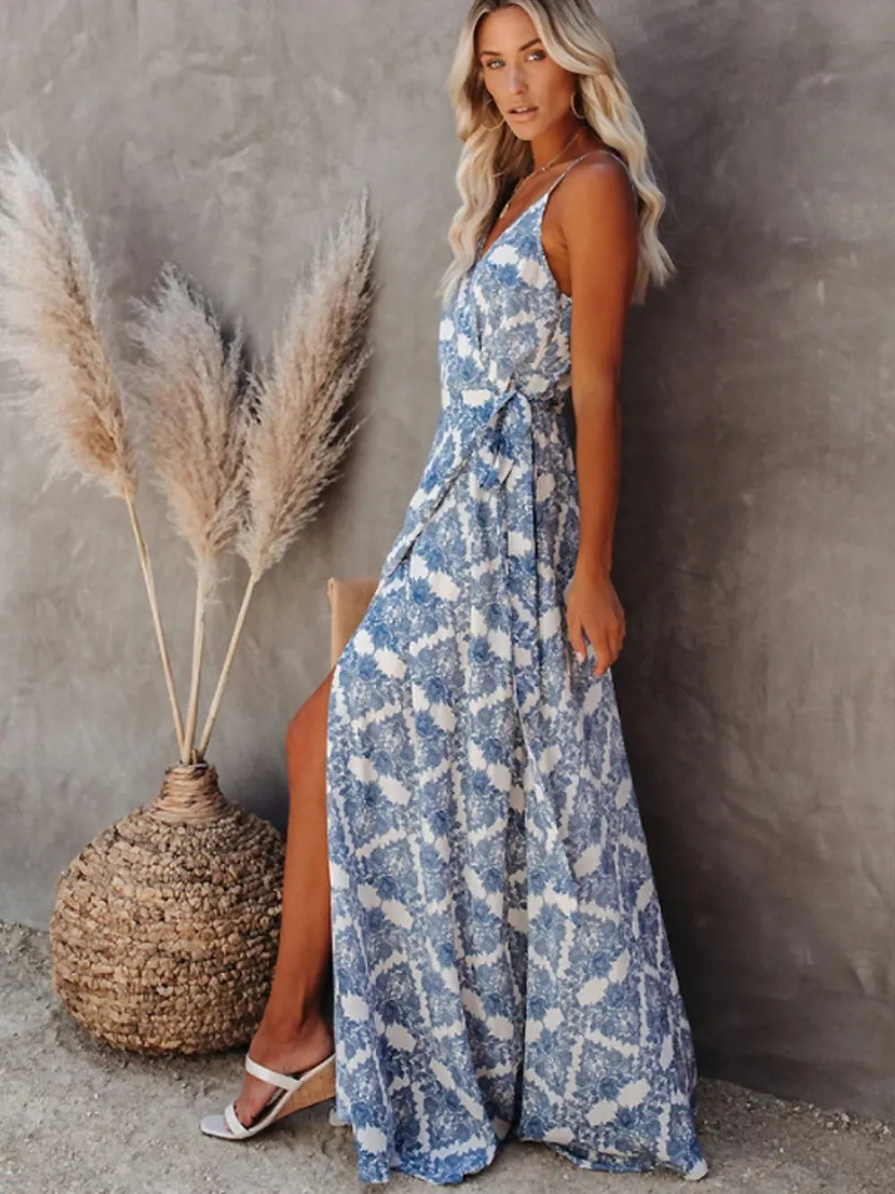 Printed Tied Maxi Cami Dress - Velora Luxury Fashion
