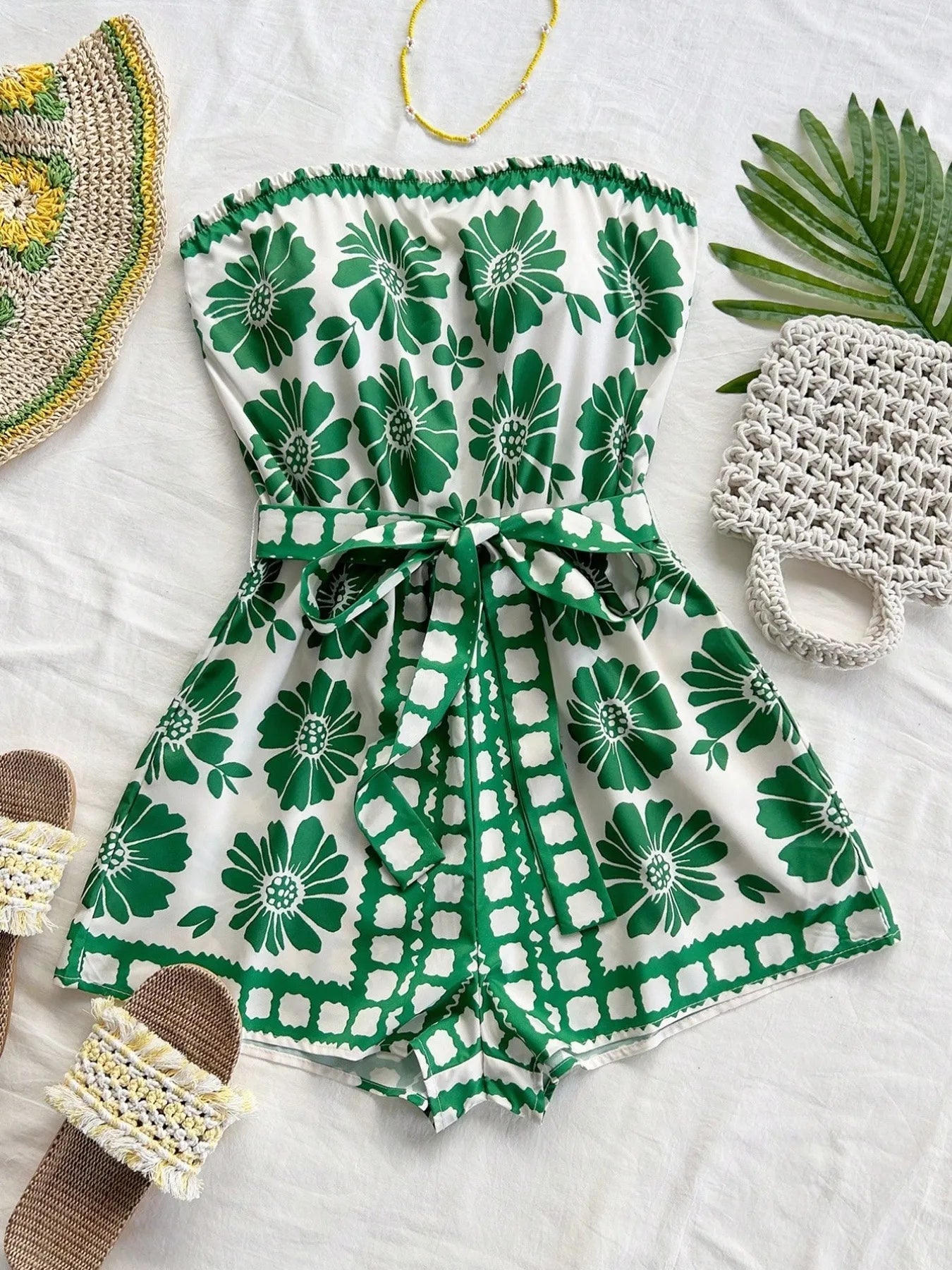 Printed Tube Tie Waist Romper - Velora Luxury Fashion