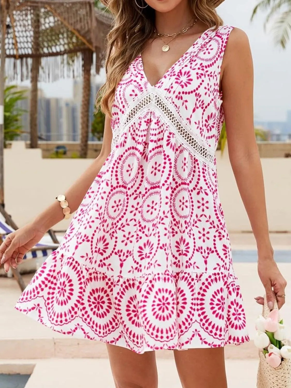 Printed V-Neck Sleeveless Mini Dress - Velora Luxury Fashion