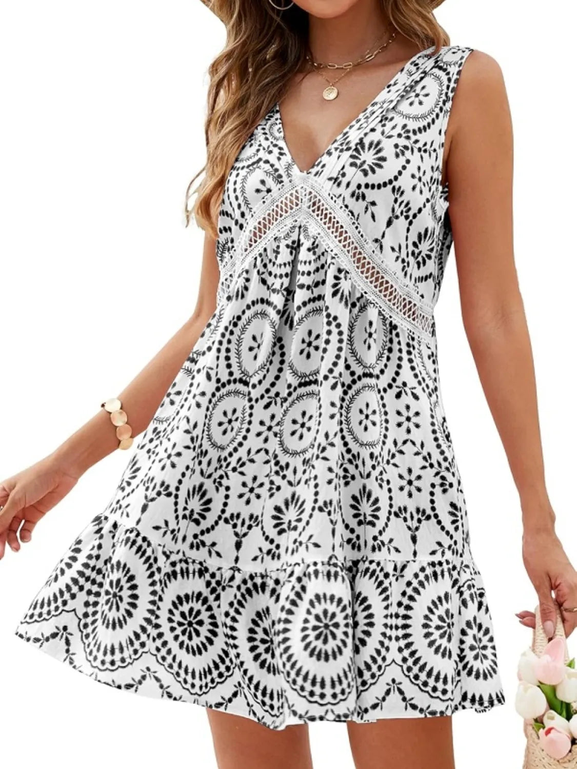 Printed V-Neck Sleeveless Mini Dress - Velora Luxury Fashion