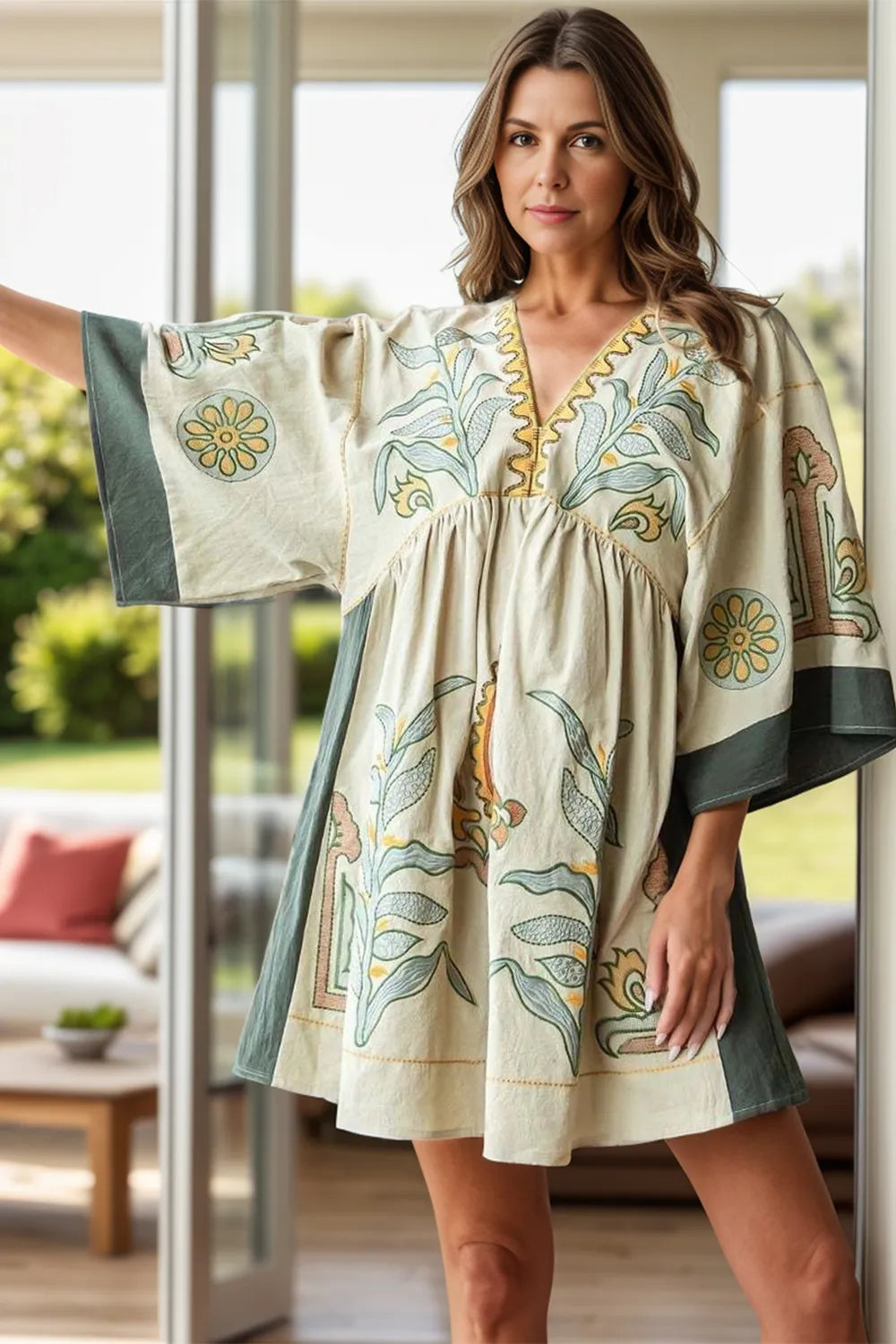 Printed V-Neck Three-Quarter Sleeve Mini Dress - Velora Luxury Fashion