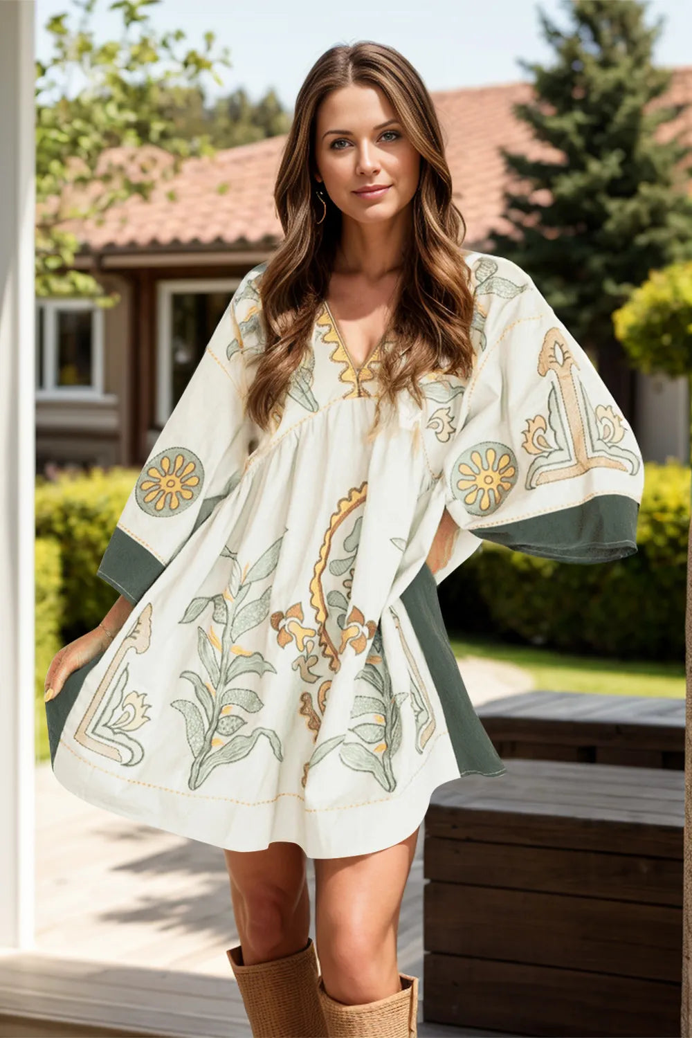 Printed V-Neck Three-Quarter Sleeve Mini Dress - Velora Luxury Fashion