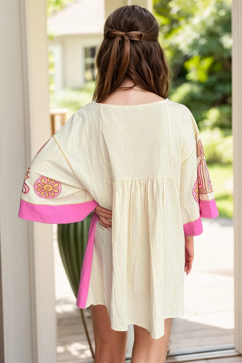 Printed V-Neck Three-Quarter Sleeve Mini Dress - Velora Luxury Fashion