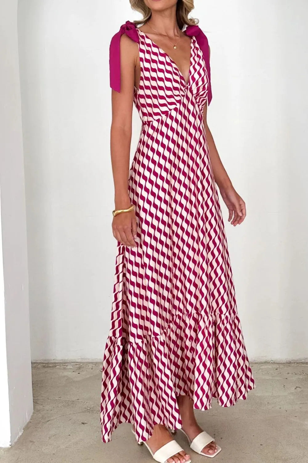 Printed V-Neck Tie Shoulder Midi Cami Dress - Velora Luxury Fashion