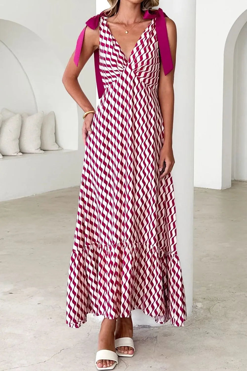 Printed V-Neck Tie Shoulder Midi Cami Dress - Velora Luxury Fashion