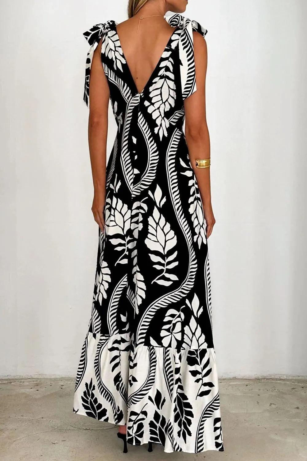 Printed V-Neck Tie Shoulder Midi Cami Dress - Velora Luxury Fashion