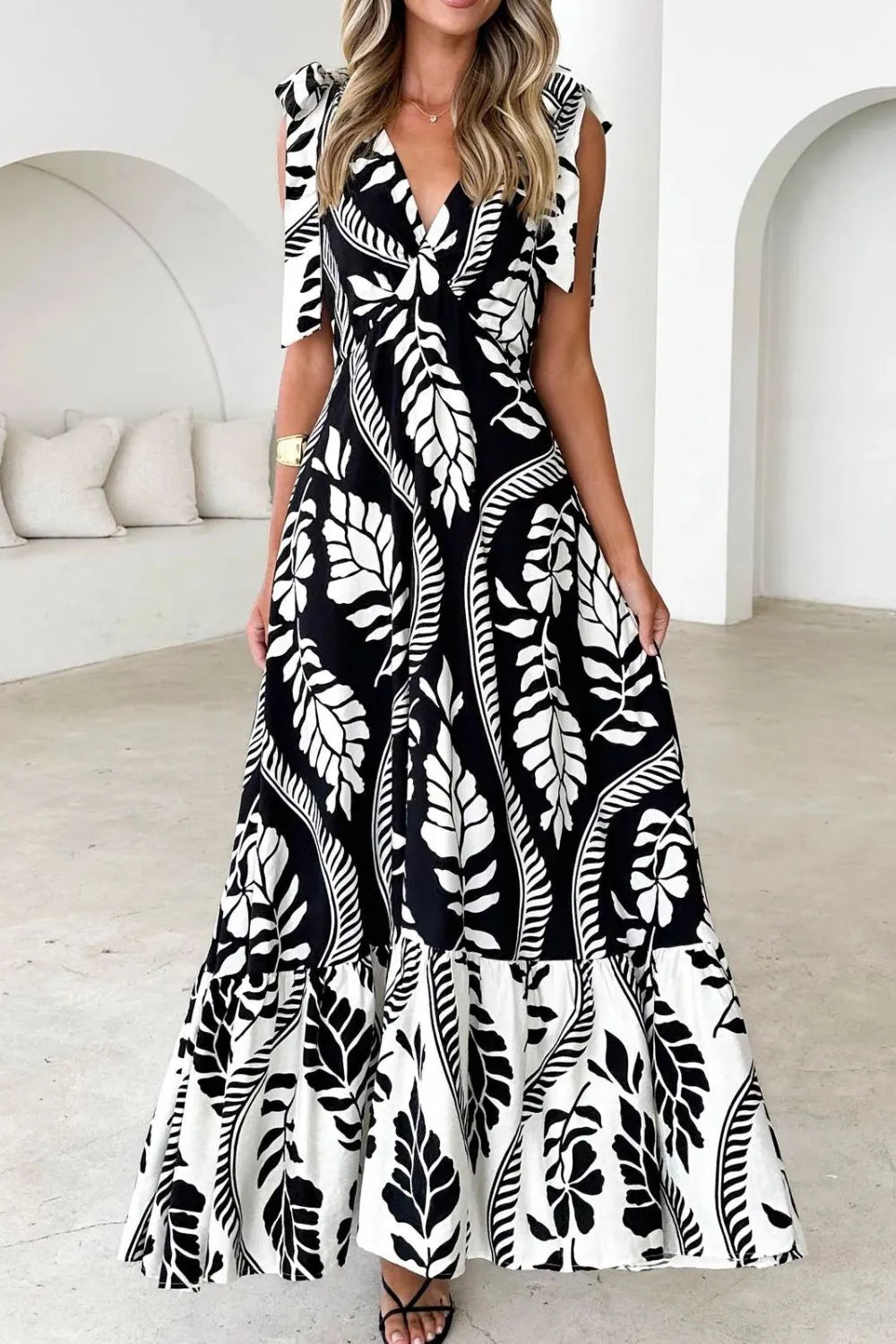 Printed V-Neck Tie Shoulder Midi Cami Dress - Velora Luxury Fashion