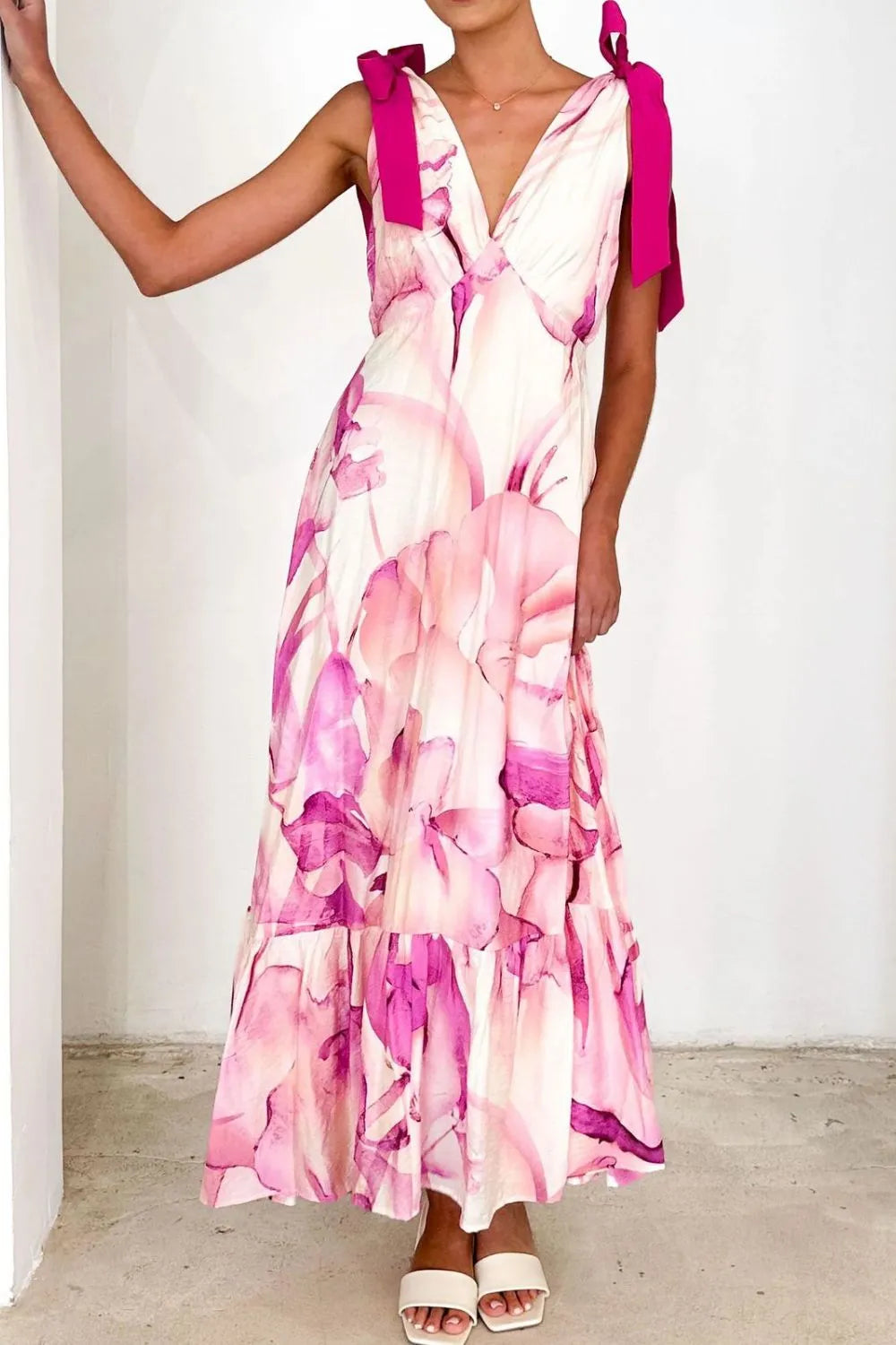 Printed V-Neck Tie Shoulder Midi Cami Dress - Velora Luxury Fashion