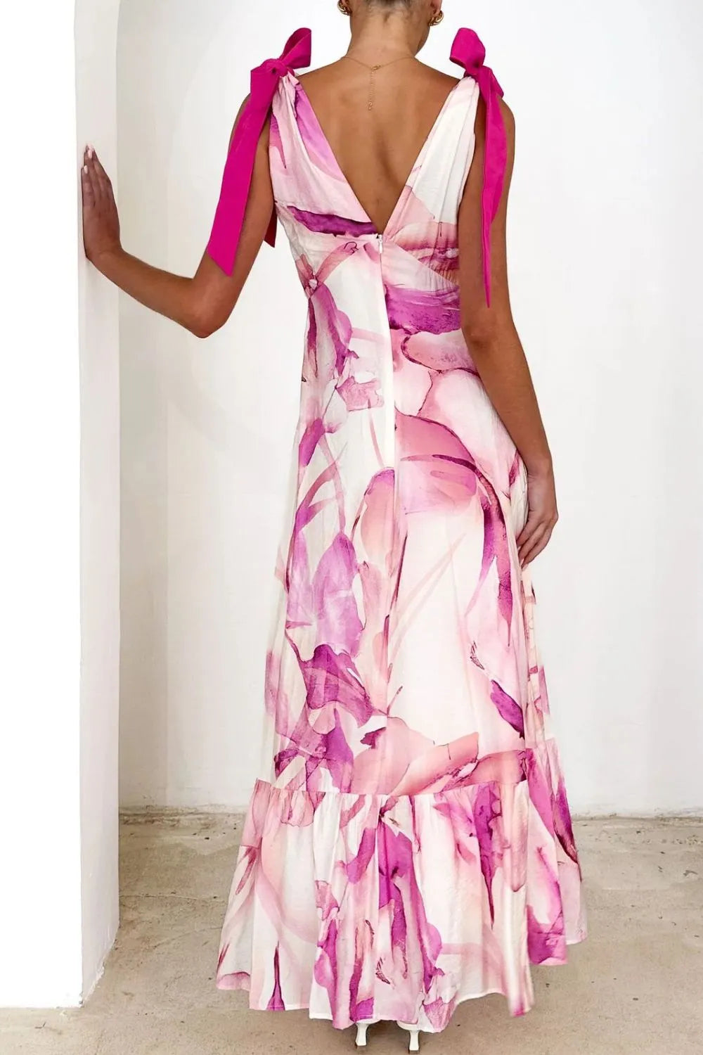 Printed V-Neck Tie Shoulder Midi Cami Dress - Velora Luxury Fashion