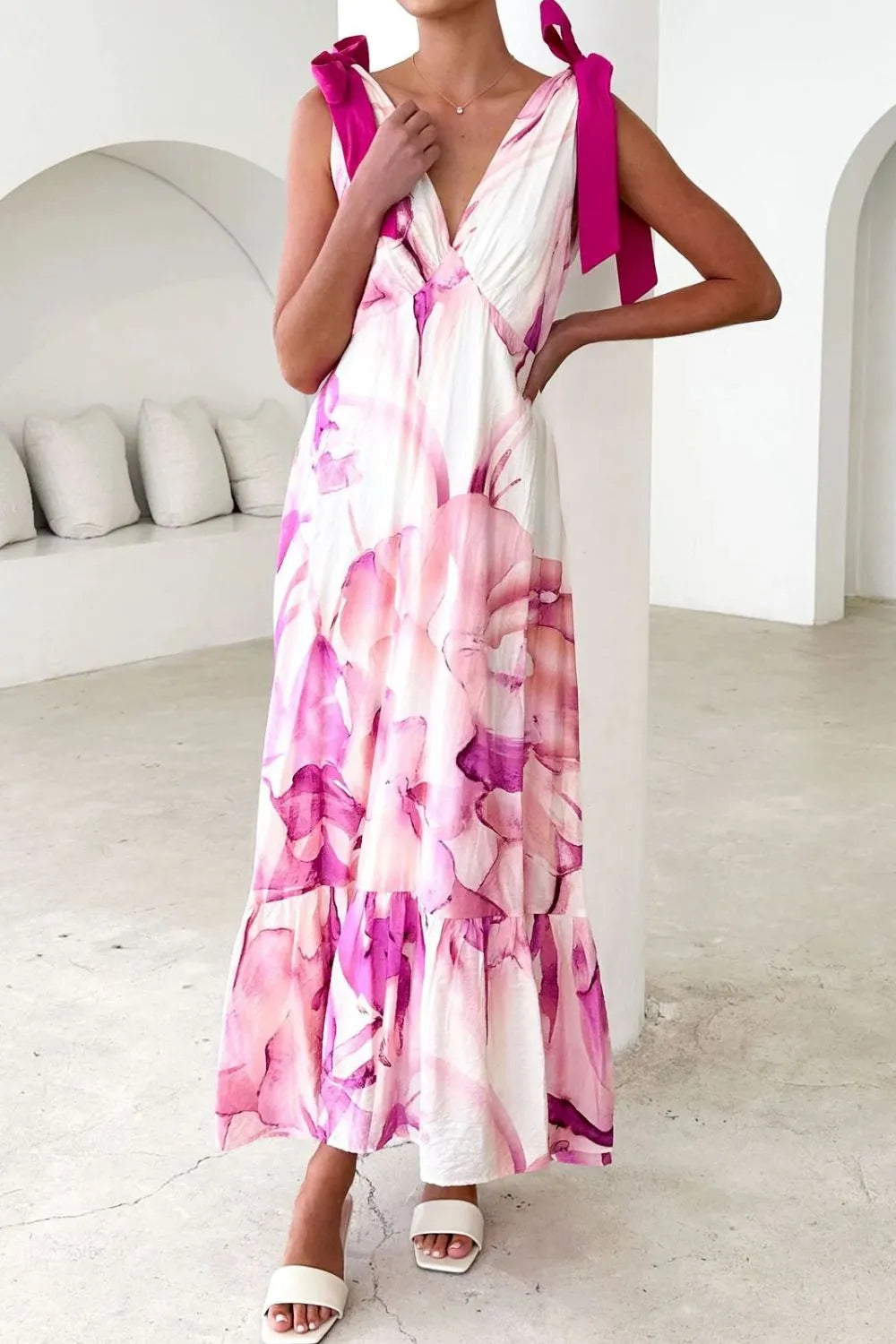 Printed V-Neck Tie Shoulder Midi Cami Dress - Velora Luxury Fashion