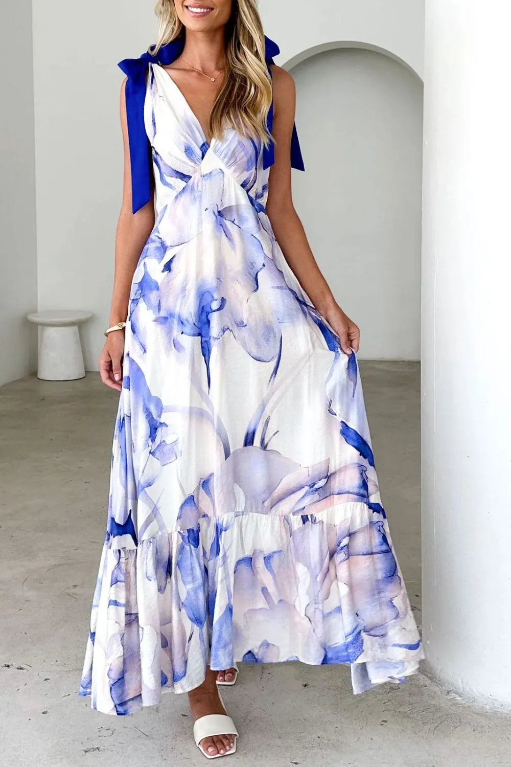 Printed V-Neck Tie Shoulder Midi Cami Dress - Velora Luxury Fashion