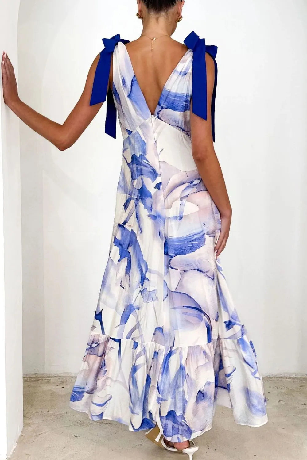 Printed V-Neck Tie Shoulder Midi Cami Dress - Velora Luxury Fashion