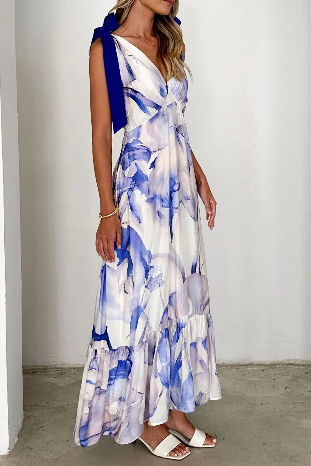 Printed V-Neck Tie Shoulder Midi Cami Dress - Velora Luxury Fashion