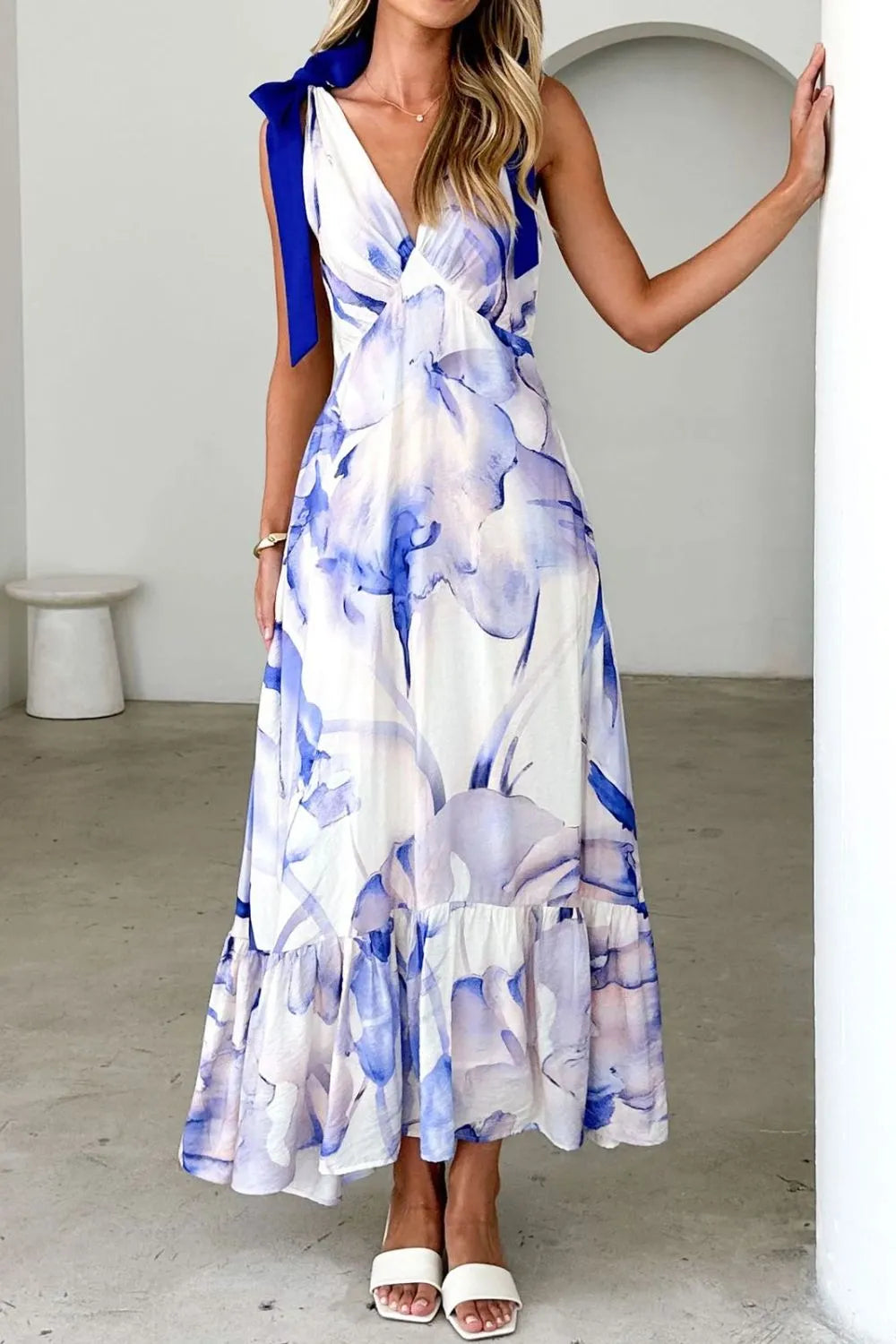 Printed V-Neck Tie Shoulder Midi Cami Dress - Velora Luxury Fashion