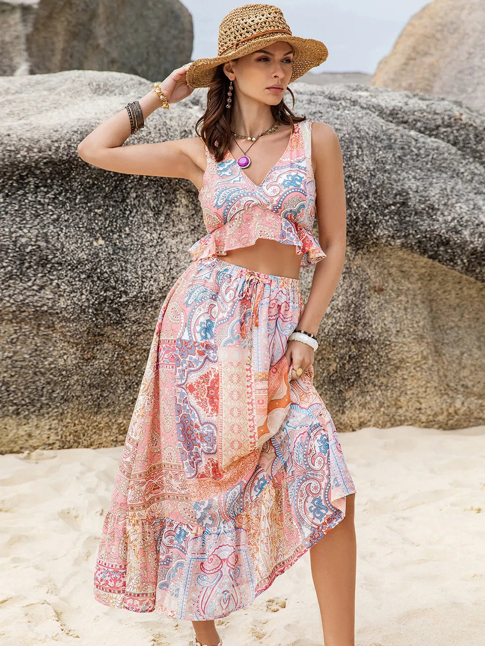 Printed V-Neck Top and Midi Skirt Set - Velora Luxury Fashion