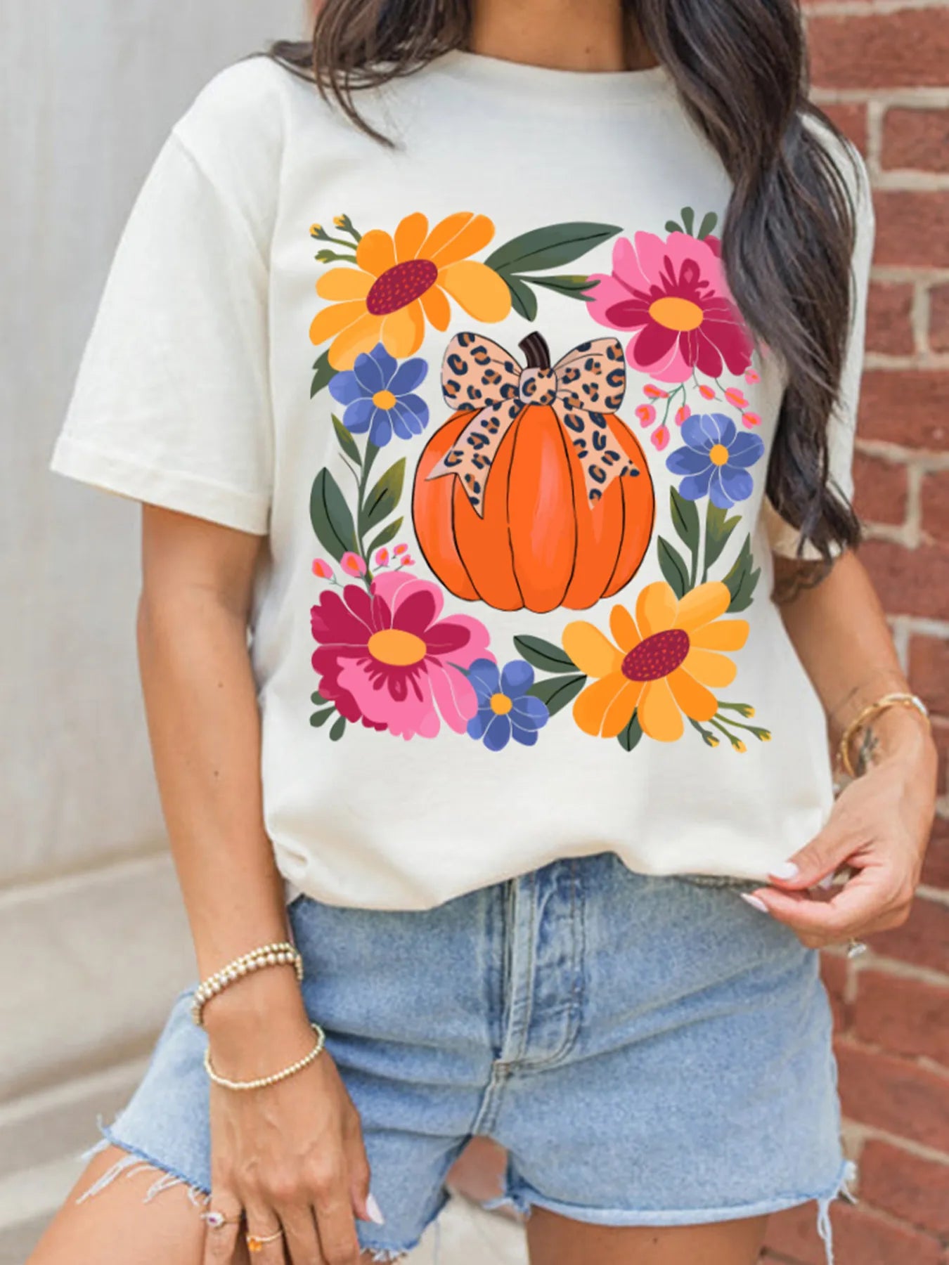 Pumpkin Floral Graphic Round Neck T-Shirt - Velora Luxury Fashion
