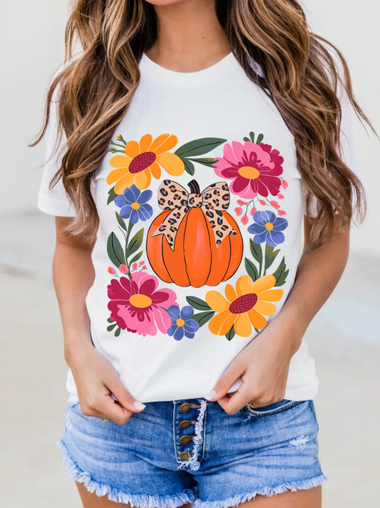 Pumpkin Floral Graphic Round Neck T-Shirt - Velora Luxury Fashion