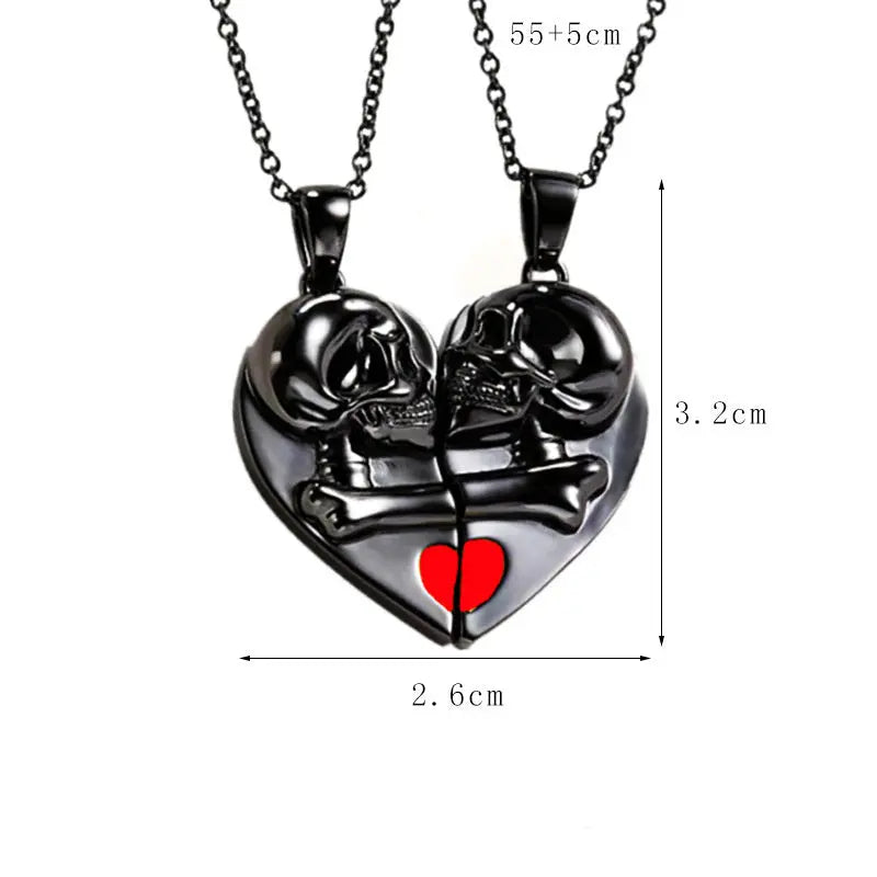 Punk Retro Skull Pendant Halloween Necklace Heart-shaped Magnetic Stitching Love Skull Couple Necklace - Velora