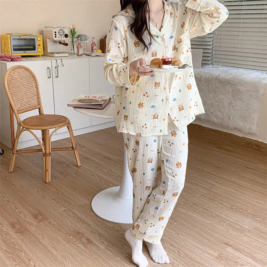 Pure Cotton Cartoon Long-sleeved Pajamas Set Letter Bear Homewear For Women EX-STOCK Canada