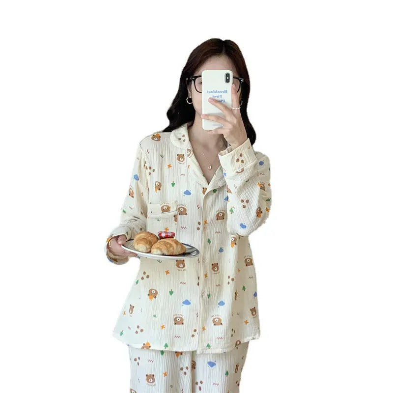 Pure Cotton Cartoon Long-sleeved Pajamas Set Letter Bear Homewear For Women EX-STOCK Canada