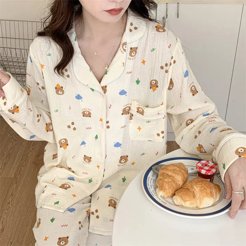 Pure Cotton Cartoon Long-sleeved Pajamas Set Letter Bear Homewear For Women EX-STOCK Canada