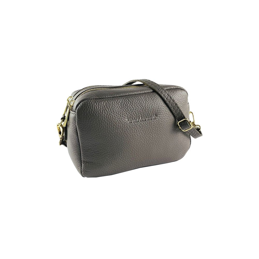 RB1008AQ | Tracollina Donna Doppia Lampo in Vera Pelle Made in Italy. Tracolla removibile. Attacchi con moschettoni in metallo Oro Lucido - Colore Taupe - Dimensioni: cm 20 x 15 x 9 - Velora Luxury Fashion