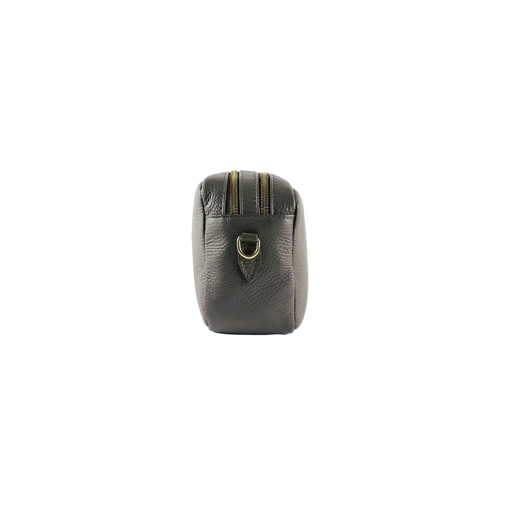 RB1008AQ | Tracollina Donna Doppia Lampo in Vera Pelle Made in Italy. Tracolla removibile. Attacchi con moschettoni in metallo Oro Lucido - Colore Taupe - Dimensioni: cm 20 x 15 x 9 - Velora Luxury Fashion