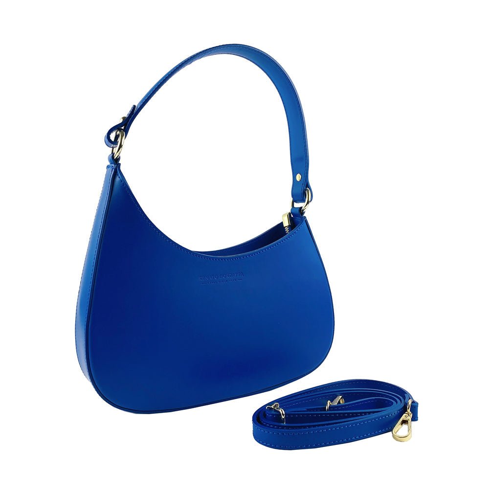 RB1013CH | Borsa Donna a spalla e Tracolla removibili in Vera Pelle Made in Italy. Attacchi con moschettoni in metallo Oro Lucido - Colore Blu Royal - Dimensioni: cm 28 x 6 x 25 + 12 (manico) - Velora Luxury Fashion