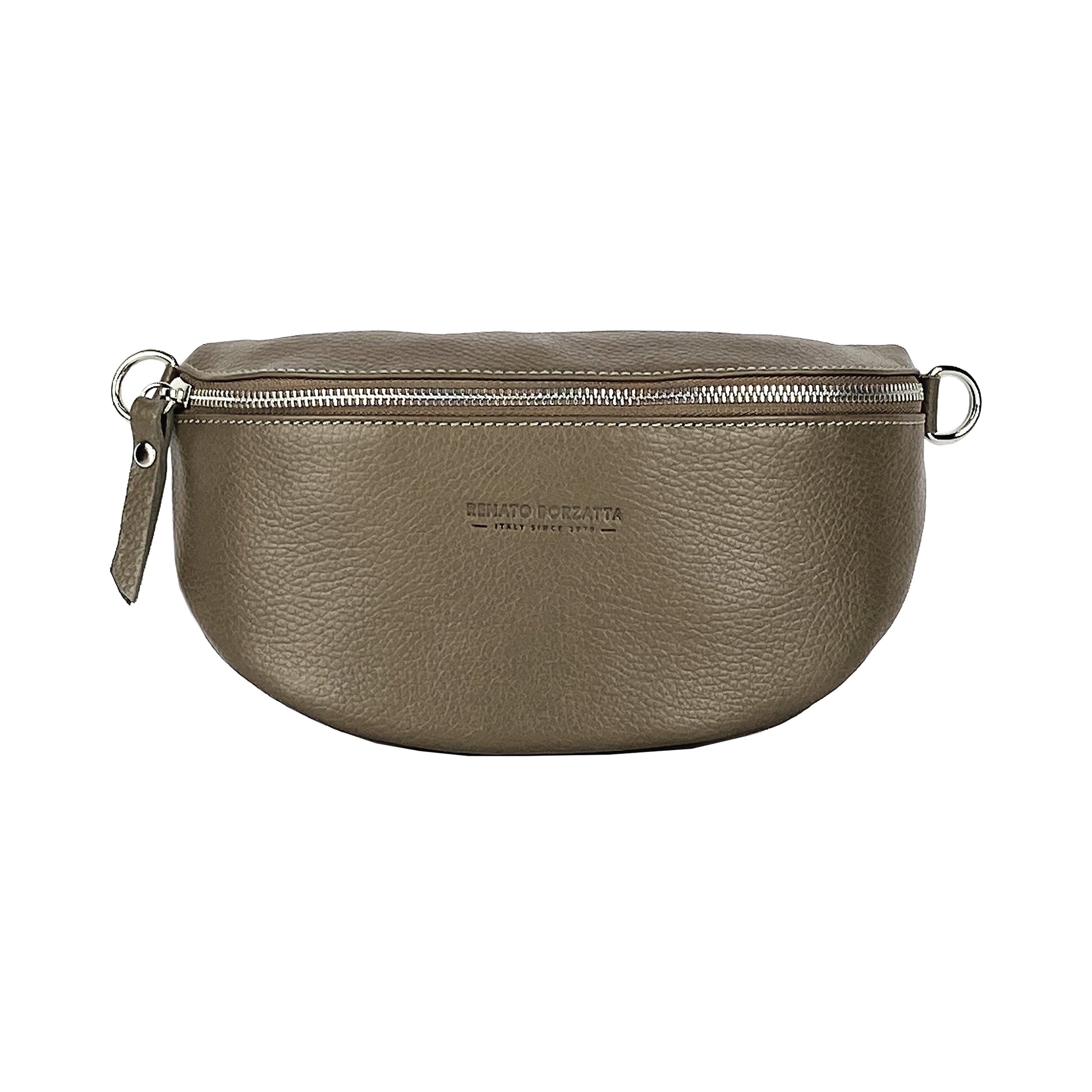 RB1015AQ | Marsupio con tracolla removibile in Vera Pelle Made in Italy. Attacchi con moschettoni in metallo Nickel Lucido - Colore Taupe - Dimensioni: 24 x 14 x 7 - Velora Luxury Fashion