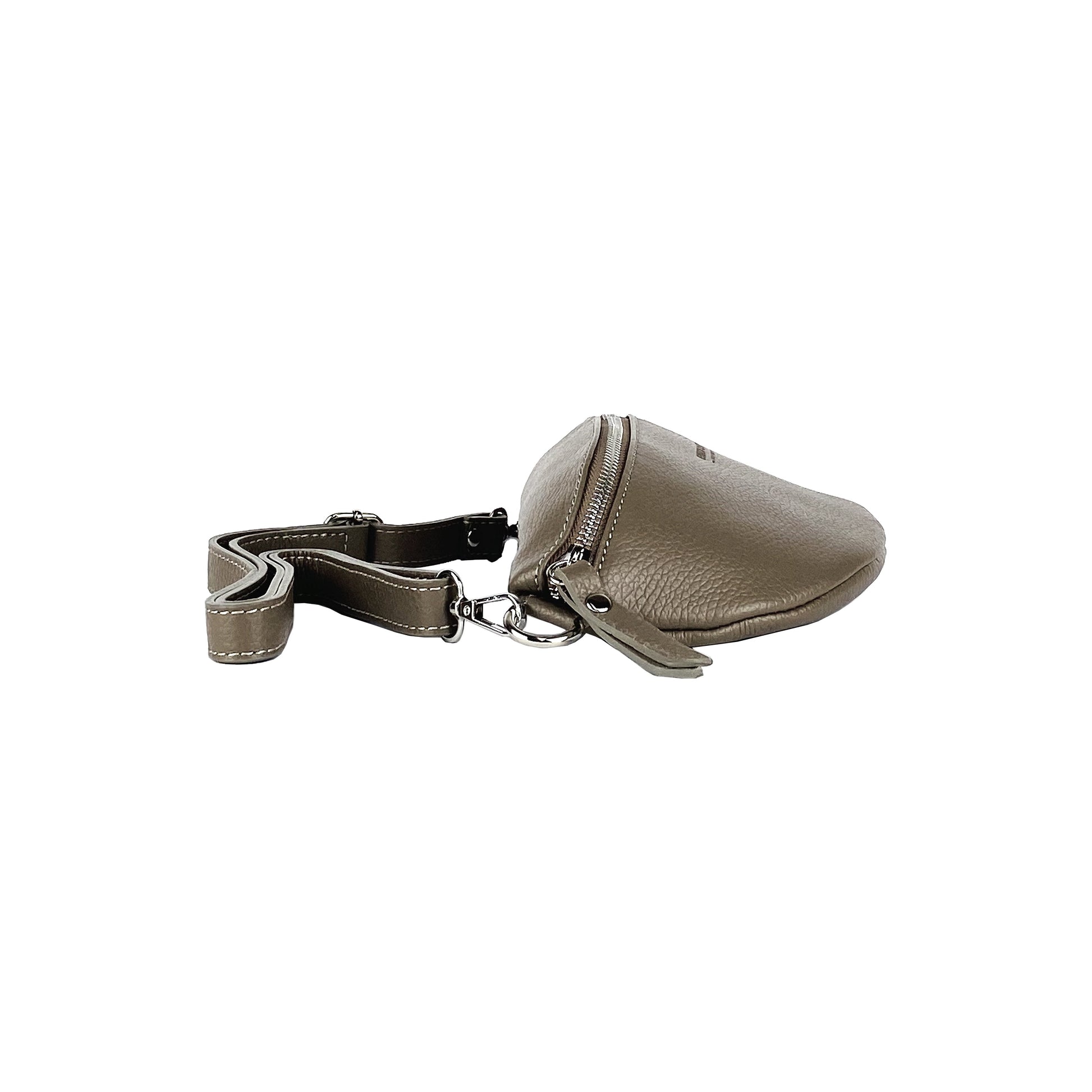 RB1015AQ | Marsupio con tracolla removibile in Vera Pelle Made in Italy. Attacchi con moschettoni in metallo Nickel Lucido - Colore Taupe - Dimensioni: 24 x 14 x 7 - Velora Luxury Fashion