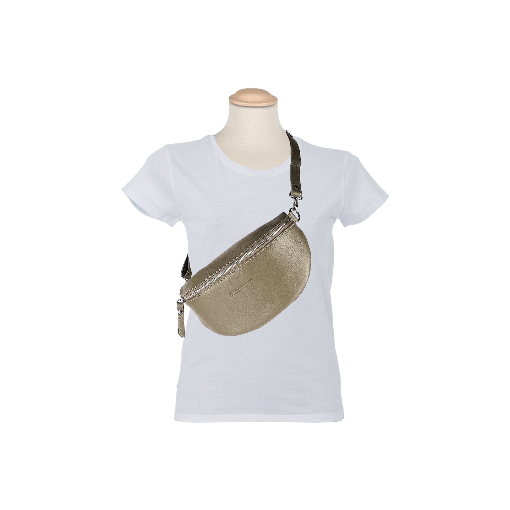RB1015AQ | Marsupio con tracolla removibile in Vera Pelle Made in Italy. Attacchi con moschettoni in metallo Nickel Lucido - Colore Taupe - Dimensioni: 24 x 14 x 7 - Velora Luxury Fashion