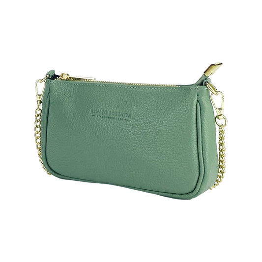 RB1022BF | Borsa Piccola in Vera Pelle Made in Italy con Tracolla a catena removibile. Chiusura con lampo e Accessori in metallo Oro Lucido - Colore Menta - Dimensioni: cm 20 x 12 x 6 - Velora Luxury Fashion