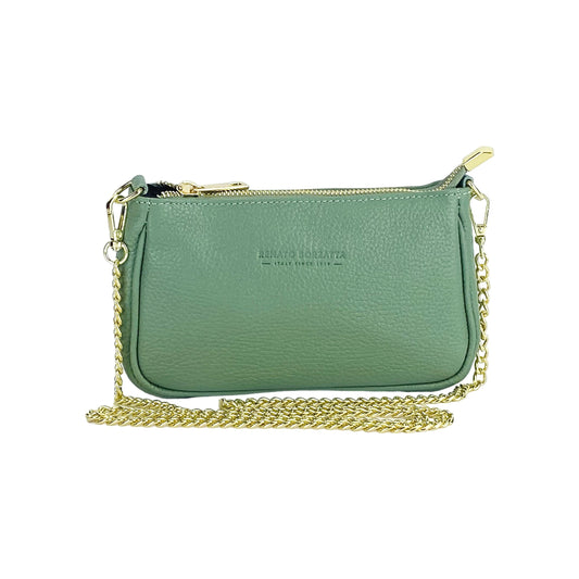 RB1022BF | Borsa Piccola in Vera Pelle Made in Italy con Tracolla a catena removibile. Chiusura con lampo e Accessori in metallo Oro Lucido - Colore Menta - Dimensioni: cm 20 x 12 x 6 - Velora Luxury Fashion