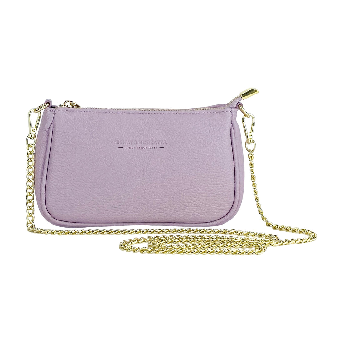 RB1022CI | Borsa Piccola in Vera Pelle Made in Italy con Tracolla a catena removibile. Chiusura con lampo e Accessori in metallo Oro Lucido - Colore Lilla - Dimensioni: cm 20 x 12 x 6 - Velora Luxury Fashion