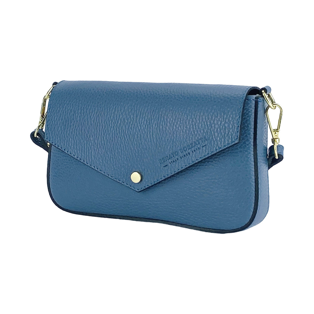 RB1023P | Borsa piccola a Spalla con Tracolla a catena removibile in Vera Pelle Made in Italy. Pattina di Chiusura. Accessori in metallo Oro Lucido - Colore Avio - Dimensioni: cm 22 x 12 x 3 - Velora Luxury Fashion