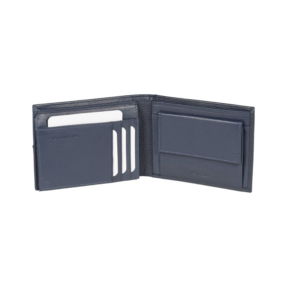 RB12104D | Portafogli Uomo in Vera Pelle pieno fiore, grana dollaro/leggera. Colore Blu. Protezione RFID. Dimensioni da chiuso: cm 12,5 x 9,5 x 2. Confezione: Scatola regalo fondo/coperchio - Velora Luxury Fashion