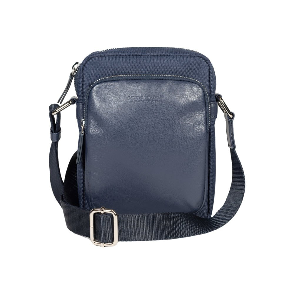 RB2002D | Borsa a Tracolla in Nylon/Vera Pelle, con leggera grana. Chiusura con lampo e tracolla regolabile - Colore Blu - Dimensioni: cm 15,5 x 21 x 7. Confezione: Sacchetto in Tessuto non Tessuto - Velora Luxury Fashion