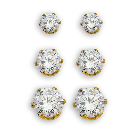 REIGN Gold: 3-Pair Zirconia Earrings Stud Set - Velora