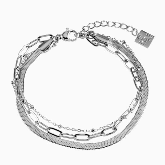 REINEDA: Triple Stacked White Gold (Silver Toned) Bracelet - Velora