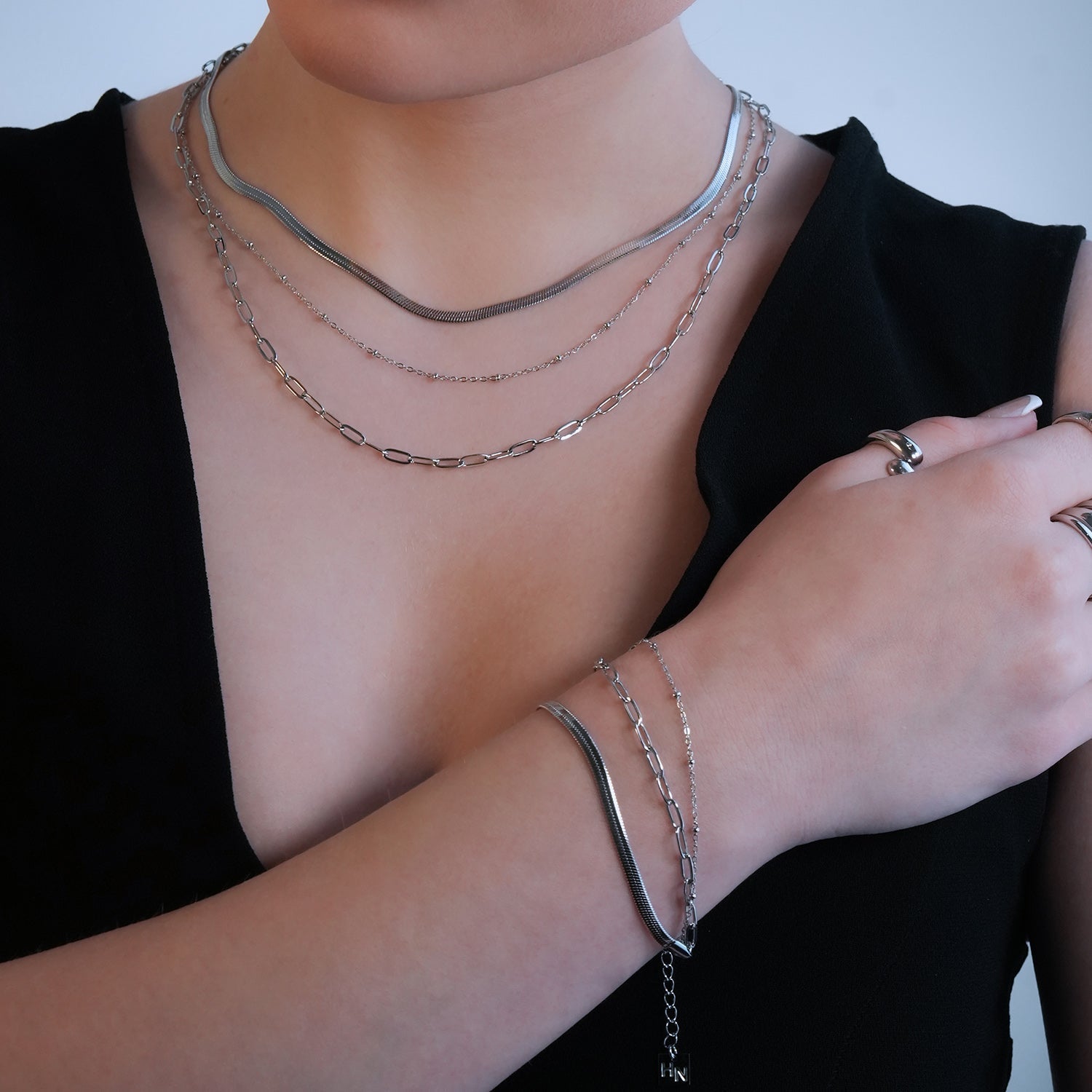 REINEDA: Triple Stacked White Gold (Silver Toned) Bracelet - Velora