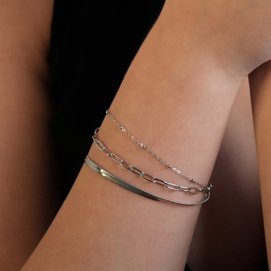 REINEDA: Triple Stacked White Gold (Silver Toned) Bracelet - Velora